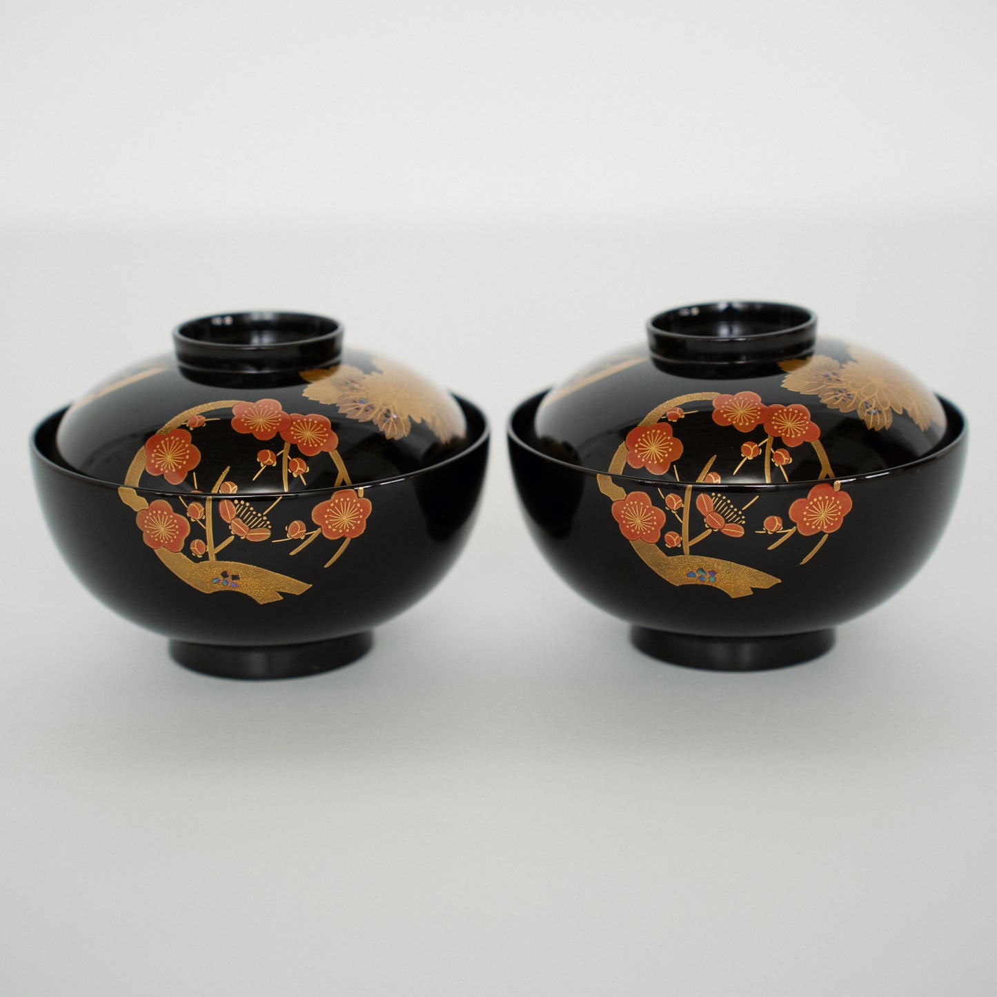 黒漆 梅菊竹蒔絵 蓋椀(2客)