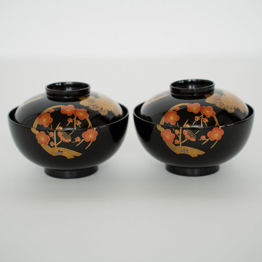 黒漆 梅菊竹蒔絵 蓋椀(2客)