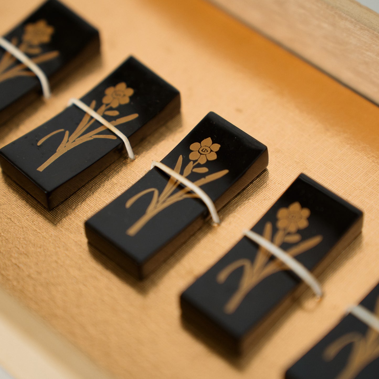 Black Lacquer Chopstick Rests, Narcissus Maki-e, Set of Five