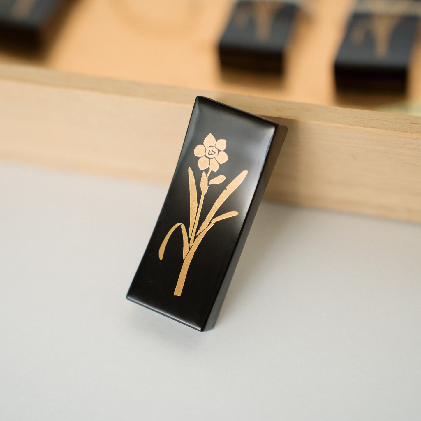 Black Lacquer Chopstick Rests, Narcissus Maki-e, Set of Five
